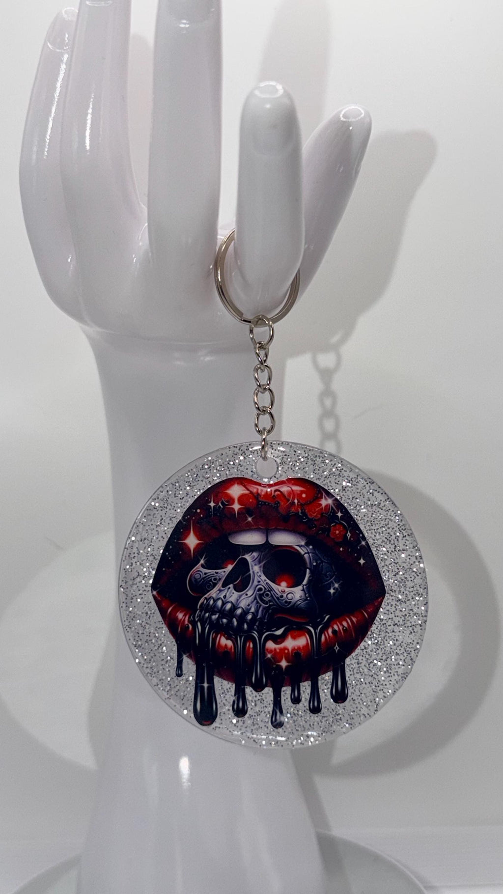 Glitter Skull Spooky Lips Resin Keychain
